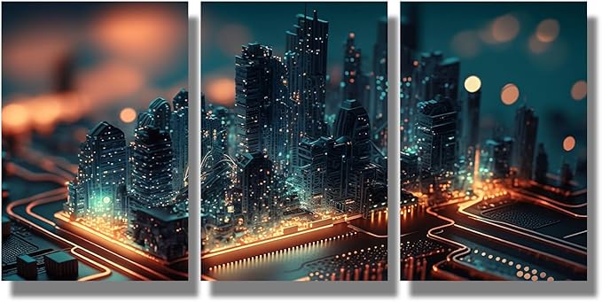 LSIUHWUWI Wall Art for Living Room 3 Panel Smart City on Circuit Board Pictures Posters Contemporary Wall Decor for Home Office Hotel Wall Wooden Framed Ready to Hang 16x24inchx3