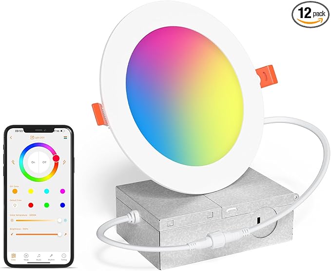 Smart Recessed Lighting 6 Inch RGBCW Color Changing 16W LED Downlight with Junction Box,1350 Lumen Recessed Ceiling Light Compatible with Alexa,Dimmable by Bluetooth Control -1Pack