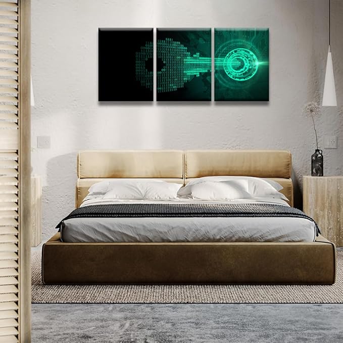 LSIUHWUWI 3 Panel Wall Art Abstract Key Made from Binary Code Fits Iinto A Lock Pictures Print on Canvas for Home Office Wall Decorations,Wooden Framed Ready to Hang, 12x16inchx3