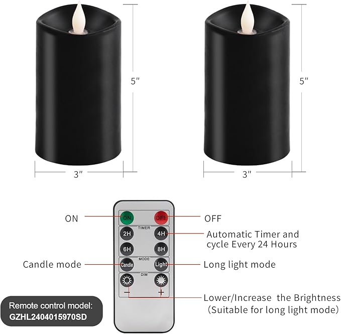 3″x5″ Flickering Flameless Candles Set of 2, 2AA Battery Life 600 Hours Battery Candles Flickering with Timer,5 inch Flameless Candles with Remote for Christmas Decorations Indoor/Outdoor, Black