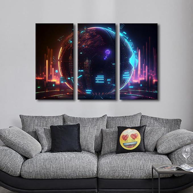3 Panel Canvas Wall Art Cyber Space 3D Posters and Prints, Digital World Artwork for Home Office Wall Decoration, Giclee Wooden Framed Gallery-Wrapped Ready to Hang, 36" Wx24 H