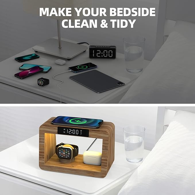Bamboo Charging Station for Multiple Devices, 15W Fast Wireless Charger Night Light with 3 Color& 4 Adjustable Brightness, Night Stand Charger Station for iPhone/iWatch/AirPods (6955)