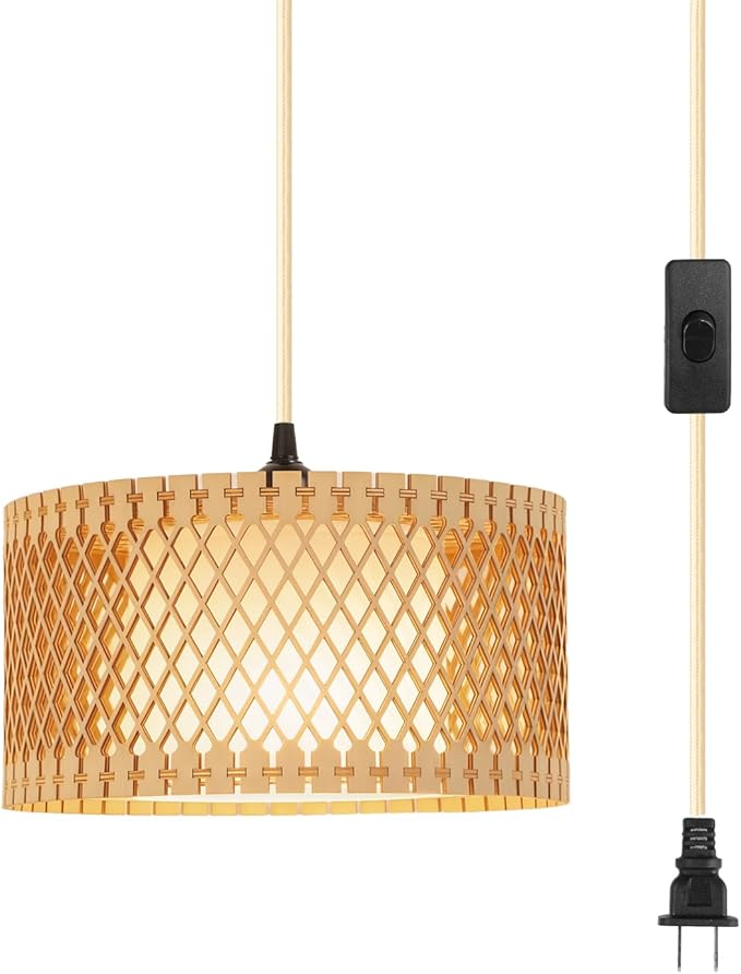 Hanging Lamp Plug in Pendant Light, 15FT Hanging Lights with Plug in Cord, Hanging Light with Bulb and Remote, Wood Shade Hanging Lamps for Bedroom, Living Room, Kitchen, Farmhouse