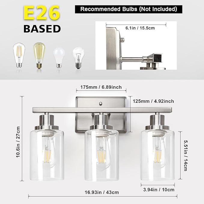Ascher Bathroom Vanity Light Fixtures, 3 Light Wall Sconces Lighting with Clear Glass Shade, Brushed Nickel Wall Lights for Mirror, Kitchen, Living Room, Gallery, E26 Base (Bulbs Not Included)
