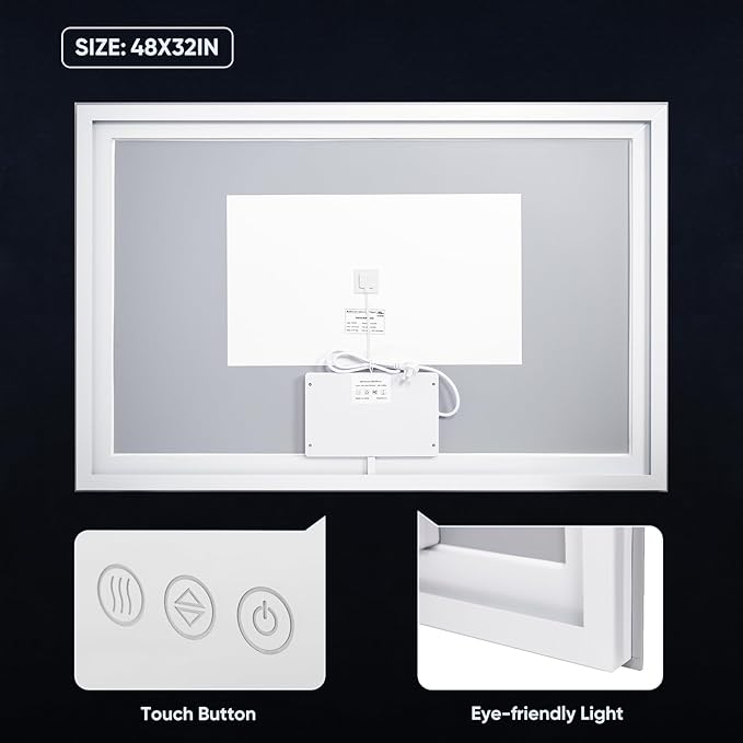 LED Bathroom Mirror, 48"x32" with Frontlit and Backlit Anti-Fog Mirror with Lights LED Vanity Mirror for Bathroom 3 Colors Temperature & Dimmable Bathroom Mirror with HD Tempered Glass