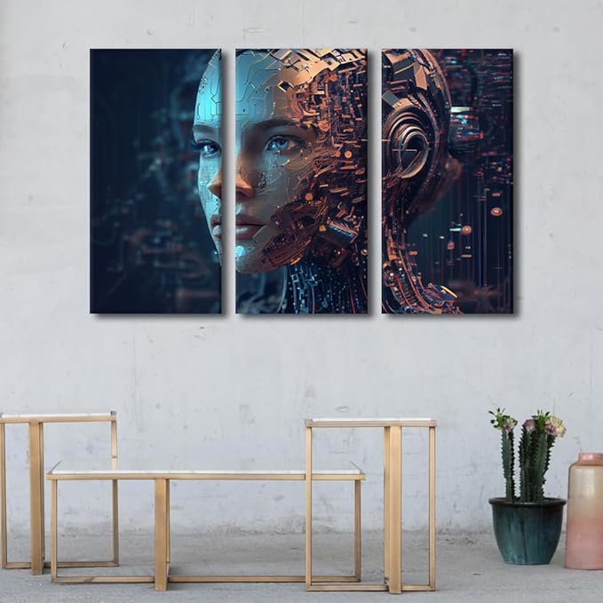 Head of Humanoid Robot Wall Art Blue Eyes and Visible Neural Network and Circuit Board Pictures Print On Canvas, Stretched Framed Gallery-Wrapped Ready to Hang, 42" Wx28 H