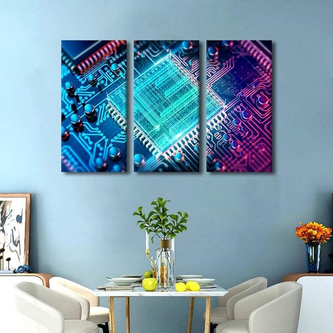 3 Panels Office Decor Wall Art Computer Processors CPU Circuit Board Black and White Wall Art CPU Concept for Living Room Bedroom Giclee Wooden Framed Gallery-Wrapped Ready to Hang(24" Wx36 H)
