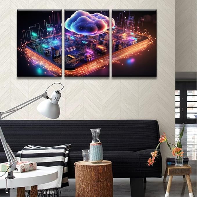 LSIUHWUWI 3 Panel Canvas Wall Art Contemporary Art Cloud Computing Concept Wall Paintings for Living Room Wall Decoration, Modern Artwork Giclee Wooden Framed Ready to Hang, 16x24inchx3