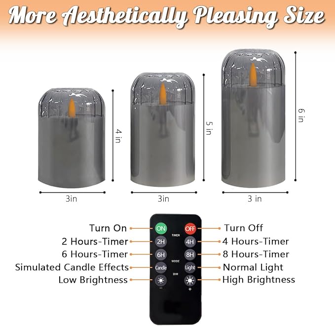 3Pcs LED Candle Set Rechargeable with Remote Control,Grey Glass Flameless Candles,Candle Lights for Home Decor, Bedroom, Bathroom Accessories，Pumpkin Fake Candles for Halloween