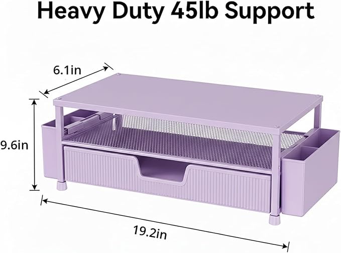 Desk Organizer and Accessories, 2-Tier Computer Monitor Stand Rise with Storage Drawer & 2 Pen Holders, Laptop & Printer Stand for Desktop, Workspace Organizers for Office Supplies (Purple)