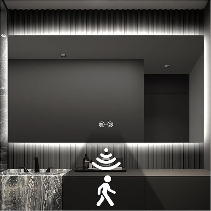 Backlit LED Bathroom Mirror, Infrared Motion Sensor Vanity Mirror with 3-Color Lights, Stepless Dimmable Wall Lighted Mirror with Anti-Fog, Memory, Rectangular (36" H x 60" W)
