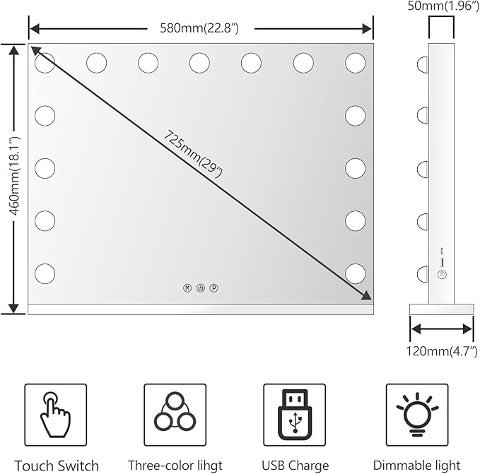 22.8 x 18.2 Vanity Makeup Mirror with Lights, 10X Magnification,Large Hollywood Lighted Vanity Mirror with 15 Dimmable LED Bulbs, USB Charger Port, Tabletop or Wall-Mounted Gold