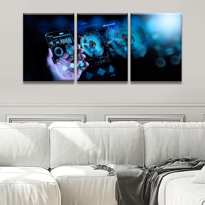 Multi Panel Large Wall Art Wireless Mobile Internet Technology 5G LTE Data Connection Pictures Print On Canvas for Living Room Decoration, Wooden Framed Ready to Hang, 12x16inchx3