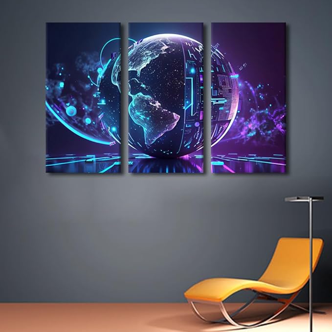 TUMOVO Large Canvas Wall Art Future Energy Power Technology and Internet Connection Concept Pictures Posters, 3 Panel Modern Wall Art for Home Decoration, Framed Ready to Hang, 60" Wx40 H