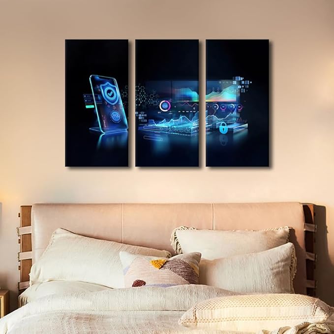 Framed Wall Art 3 Panel Canvas Wall Decor Cybersecurity Fingerprint and Secure Online Connection of Professional Trading Pictures Print On Canvas for Living Room Decoration, 36" Wx24 H