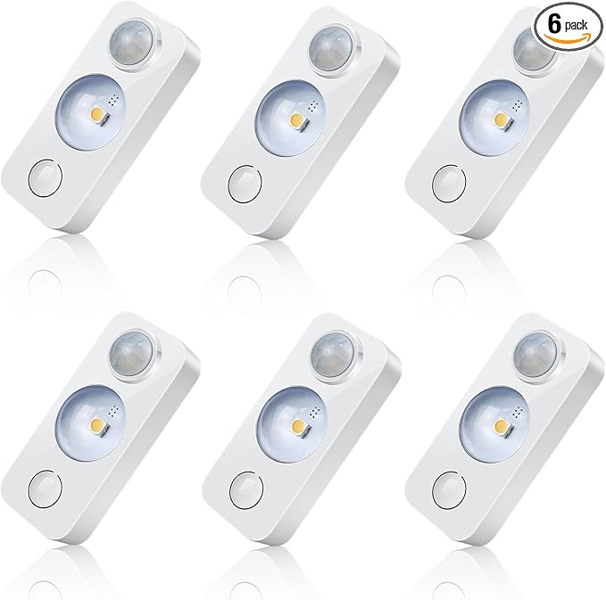 LED Motion Sensor Puck Lights, Rechargeable Cabinet Lights, Stick on Wireless LED Night Light for Closet, Drawer, Shelf, Under Cabinet, Warm White 6Pack, USB Charging Cord Included