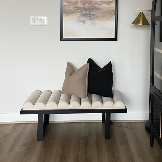 Modern Bedroom Bench, 47 Inch Upholstered End of Bed Bench Padded Entryway Bench with Cylindrical Cushion/Black Wood Legs, Wooden Ottoman Bench for Living Room, Hallway, Linen Beige
