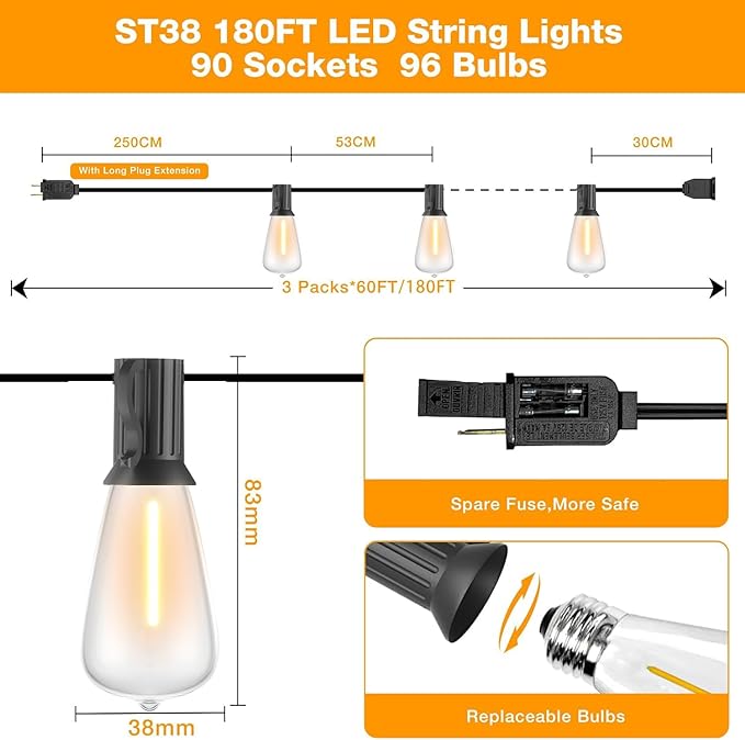 GLUROO Outdoor String Lights 180FT, 90+6Pcs Vintage Bulbs Shatterproof 2700K LED Patio String Lights Waterproof, Connectable Edison Style Lights, Hanging Lights for Backyard, Bistro