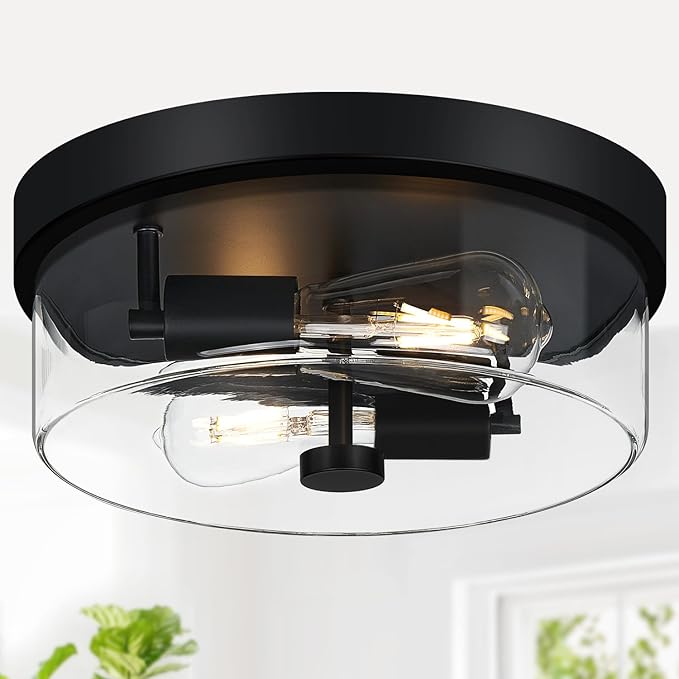 Flush Mount Ceiling Light Fixtures, 2-Light Black Ceiling Mount for Farmhouse with Clear Glass Lampshade, Industrial Flush Mount Light Fixture for Hallway, Kitchen, Entryway and Foyer