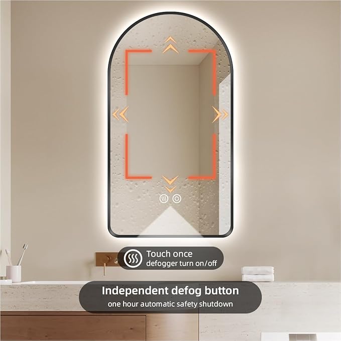 40" x 24" Arched LED Bathroom Mirror, Black Framed, Backlit Vanity Mirror with Lights, Wall Mounted Lighted Mirror, Dimmable 3-Color Shatter-Proof Arch Smart Mirror, UL-Listed, CRI≥93