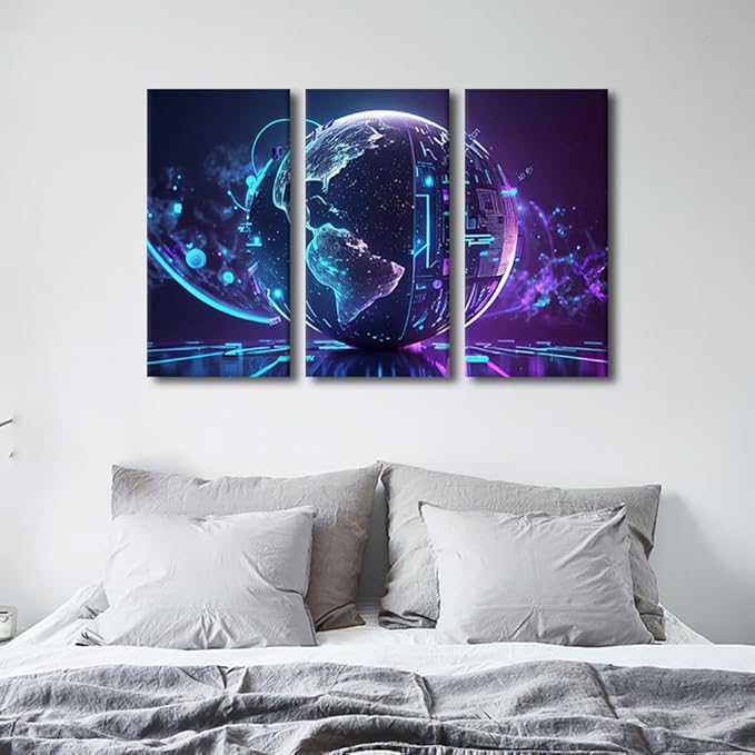 Digital World Wall Decor 3 Pieces Neon Colorful Global World in Cyber Space Pictures for Home Decoration, Modern Artwork Giclee Wooden Framed Gallery-Wrapped Ready to Hang, 36" Wx24 H