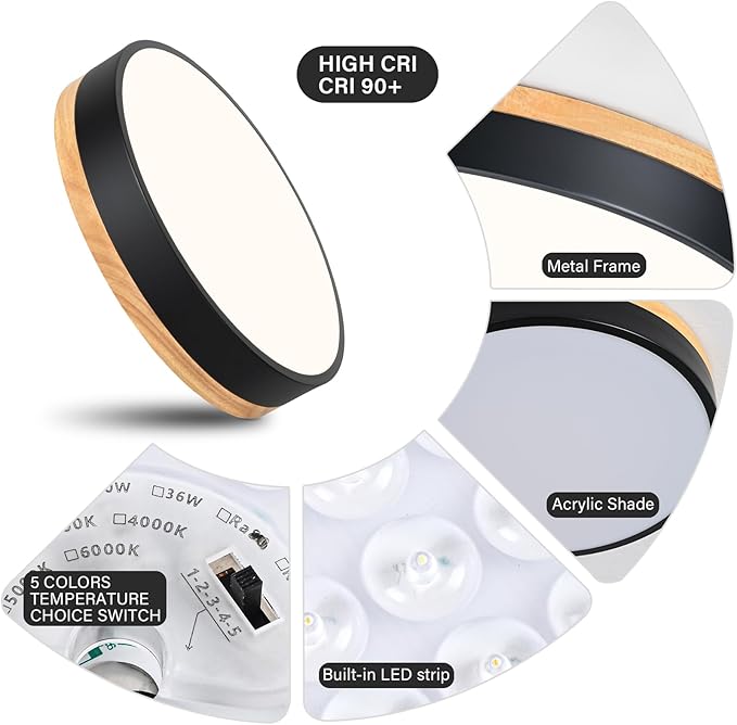 Modern LED Ceiling Light, Dimmable Wood Flush Mount Ceiling Lighting Fixture, 5CCT Round Wood Close to Ceiling Lamp for Kitchen Hallway Bathroom Office Laundry Room Entryway Nursery(Black& 11.81 in)