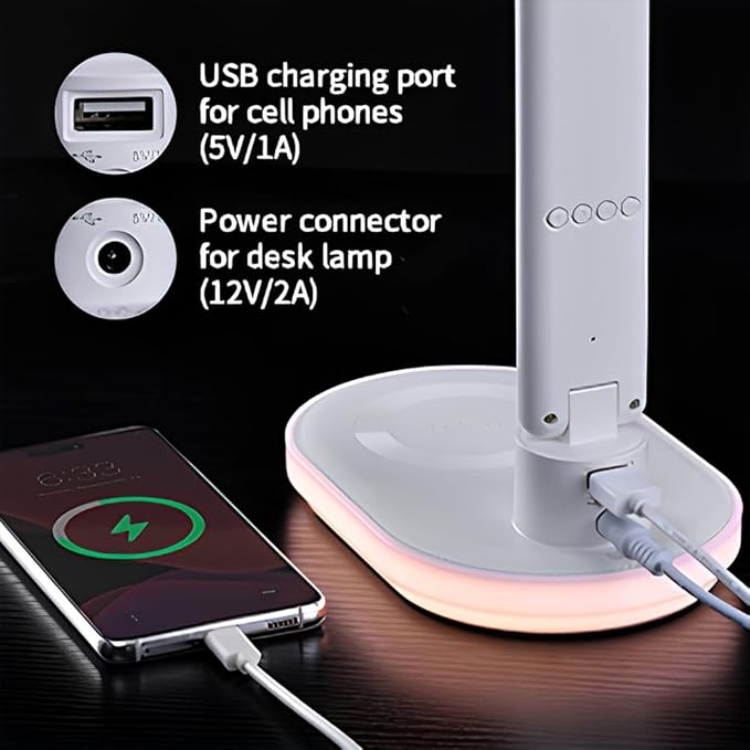 IHAO Luxury Multifunctional LED Desk Lamp10W Qi Wireless Charger Digital Alarm Clock Ambient Light & Temperature Display Adjustable Eye-Care Table Lamp with Leather Texture Design Table Lamp-U20 White