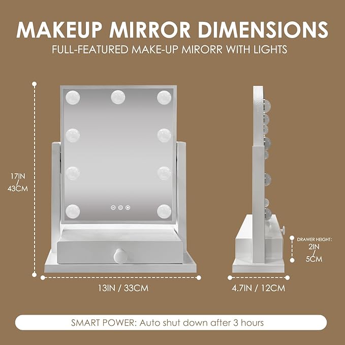Vanity Mirror with Lights, Vanity Makeup Mirror with 9 Dimmable LED Bulbs, 3 Color Lighting Modes, Detachable 5X Magnification, LED Vanity Mirror with Drawer, Smart Touch Control,White