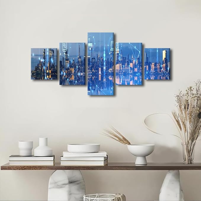Canvas Wall Art for Living Room New York Modern City Poster Advanced Internet Graph 5 Panel Wireless Network Poster Native Americans Home Decoration Teacher Office Bedroom Decor 50x24 Inch