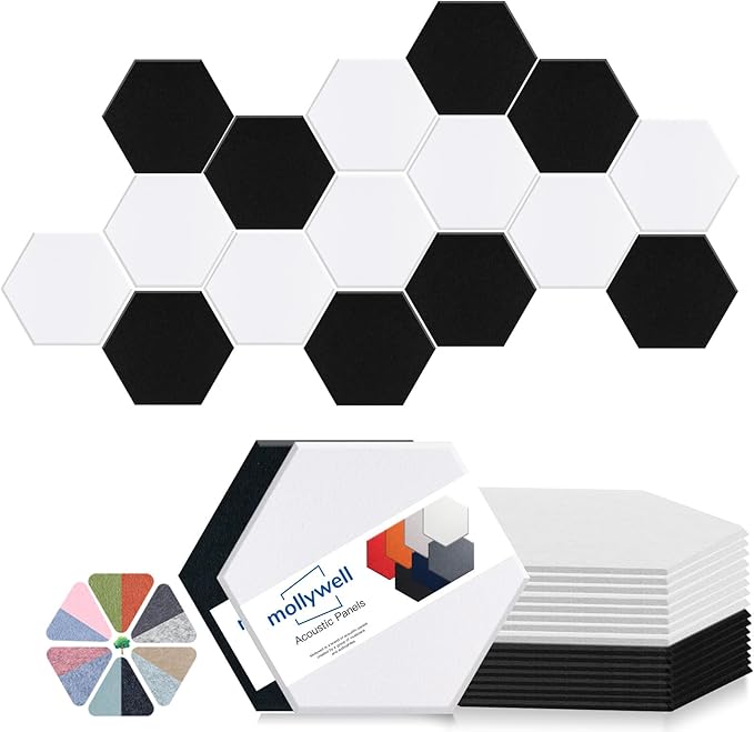 Mollywell Hexagon Acoustic Panels 14x12 - Reduce Echo & Reverb, Noise Blocking Wall Tiles for Recording Studio & Home Office, Black & White Sound Absorbing Panels