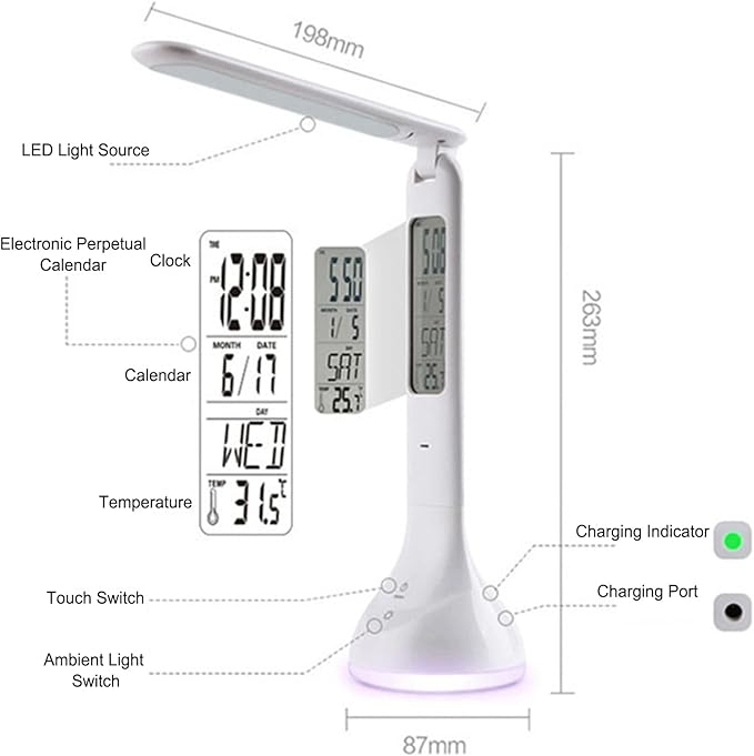 Smart Bedside Lamp with Transparent Display, RGB Dimmable Desk Light, 180° Foldable, Built-in Battery, Multi-Function with Clock/Date/Temperature Alarm,T19 White.