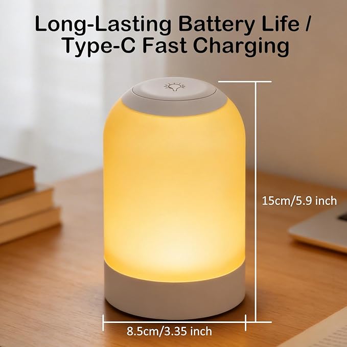 Rechargeable LED Table Lamp, Portable Touch Night Light for Adults and Elders, Dimmable Bedside Lamp with Brightness Memory, Hanging Lantern for Bedroom, Hallway, Camping and Emergency