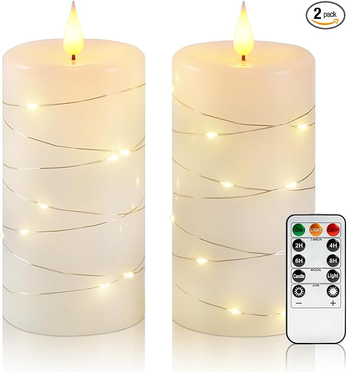 Amagic 3"×6" Flameless Candles with String Lights, White 11-Key Remote & Timer Battery Operated Flickering Led Pillar Candles Real Wax for Home, Lantern, Halloween and Christmas Decor, Set of 2