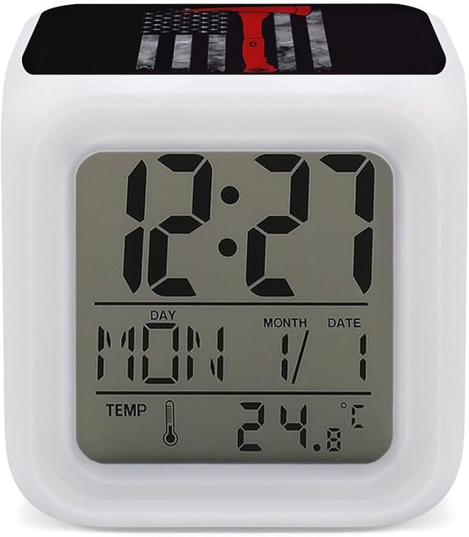 Firefighter Axe Red Line Flag Alarm Clock,Digital Temperature Display Color-Changing Alarm Clock LED Display Screen Mini Clocks for Office Living Room Bedroom