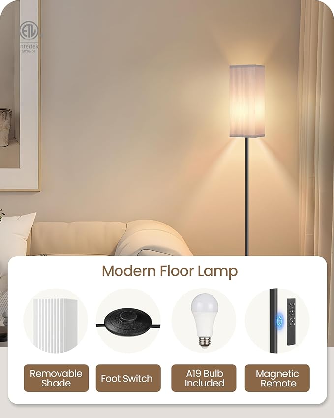 64.2” Dimmable Floor Lamp for Living Room with Remote and Foot Switch, Corner Floor Lamp for Bedroom, Includes 10W A19 Bulb, Modern Standing Tall Lamp, ETL Listed White and Black CW17LD05