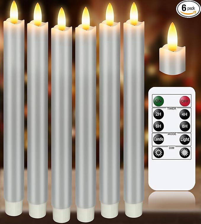 KSWING Upgraded Real Wax LED Flameless Grey Taper Candles with Remote, 6 PCS Candlesticks Battery Operated 3D Flickering - 9.6" Long Realistic Fake Candle Sticks for Home/Wedding/Fireplace Xmas Decor
