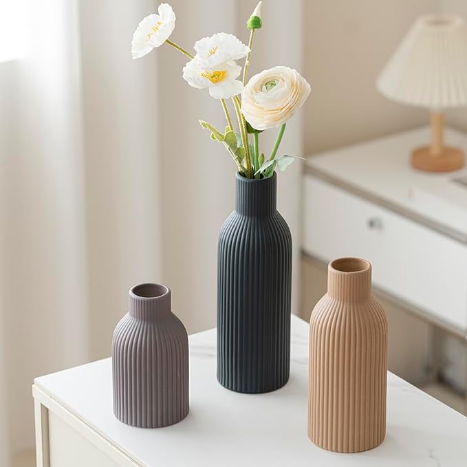 Modern Ceramic Vases Set of 3, Black Ribbed Decorative Vases, Shelf Table Centerpiece for Home Decor, Birthday Gifts for Women, Mom, Grandma Decorative (Black Mix)