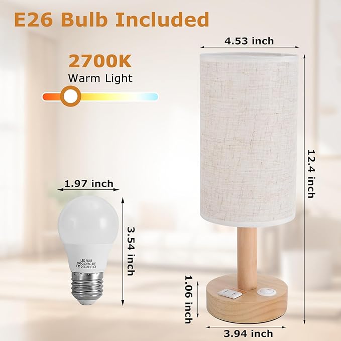 Small Bedside Table Lamp with AC Outlet, Natural Wood Base & Linen Shade, Mini Cute Cozy Warm White Nightstand Boho Lamp, Study Desk Night Stand Light for Bedroom, Kitchen, Nursery, Living Room