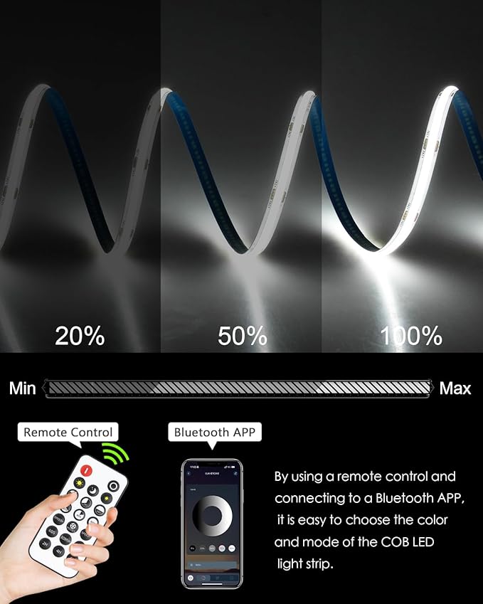 White COB Led Strip Lights 65.6FT/Roll with Dam-Process 6500K 24V LED Light Strips with Remote Cold White Dimmable COB LED Light Flexible LED Rope Light for Bedroom Cabinet Home DIY Lighting 480LED/M