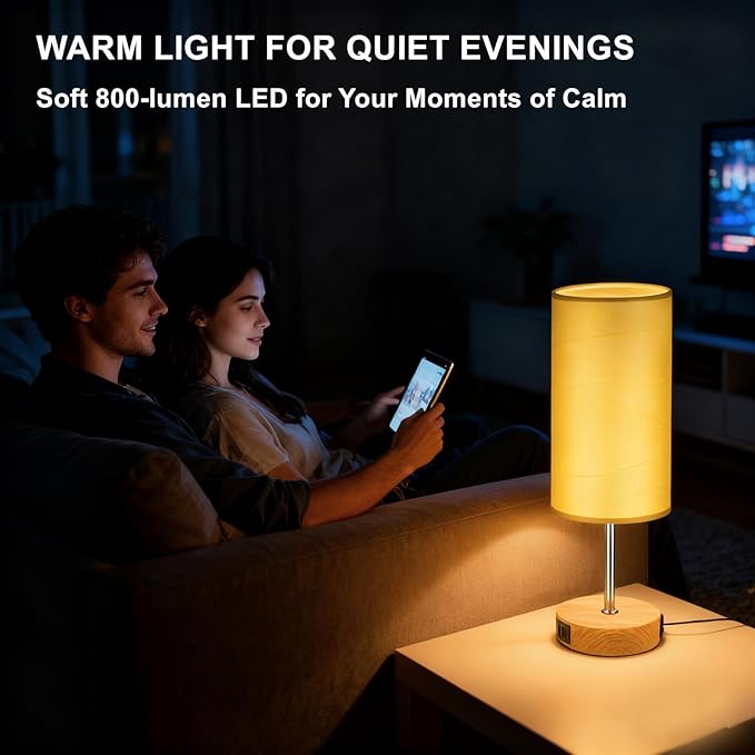 HiBay 17.75" Touch Bedside Table Lamp with USB Charging Ports & AC Outlet, Farmhouse Wood-Grain 3-Way Dimmable LED Nightstand Light with Parchment Shade for Bedroom Home Office Decor