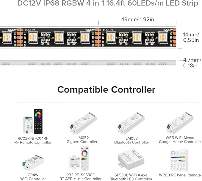 BTF-LIGHTING IP68 Waterproof Outdoor RGBW LED Strip 5050SMD RGB+Warm White(3000K-3500K) 4 Colors in 1 DC12V 16.4ft 5m 60LED/m Multi-Colored Tape Lights for Kitchen Decoration(No Adapter or Controller)
