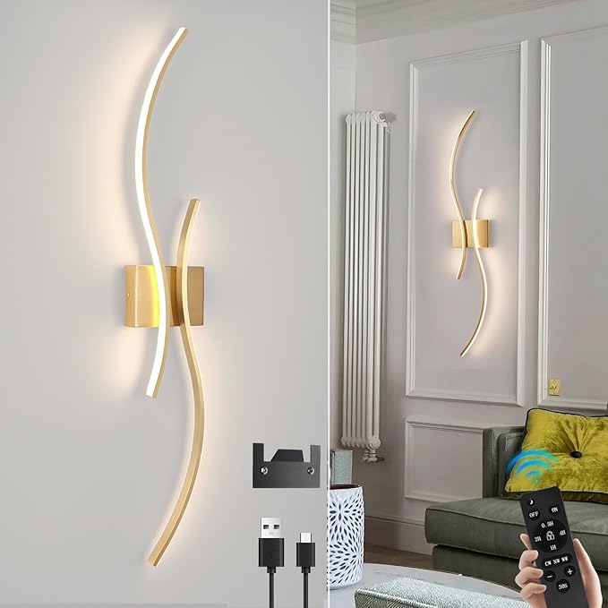 CANEOE Battery Operated Wall Sconces with Remote Control,10000mAh USB Rechargeable Gold Wall Light,3000K-6000K LED Wireless Wall Lamp for Bedroom,Hallway,Background Wall,31.5inch,1 Pack