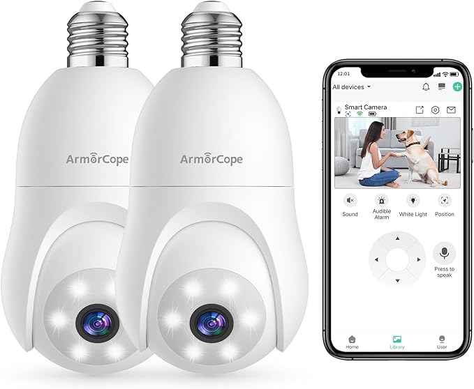 2K Light Bulb Security Camera, 360° Motion Tracking 2.4Ghz WiFi Camera Wireless Outside, Full-Color Night Vision Indoor/Outdoor Camera, SD&Cloud Storage, E27/E26 Light Socket Security