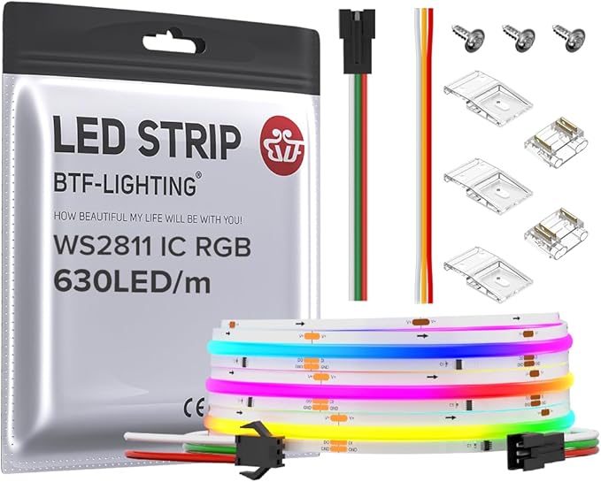 BTF-LIGHTING FCOB WS2811 IC RGB COB LED Strip 9.8FT DC12V 630LED/m Flexible High Density Uniform Chasing Color Light 14IC/m 10mm Width Dream Color for Home Indoor Decor(No Adapter or Controller)