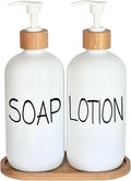 White Soap Dispenser Bathroom Set, Set with Glass Dispenser, Bamboo Pumps & Tray. Hand and Lotion Suitable for Farmhouse Decor