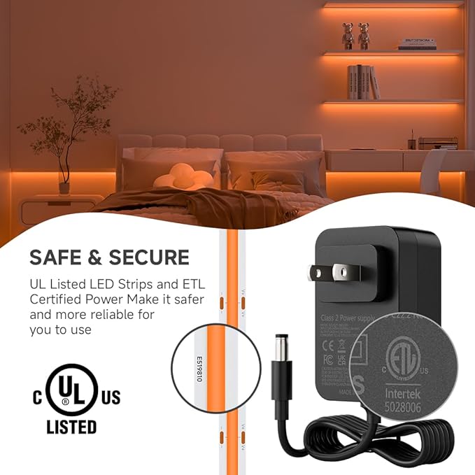 BTF-LIGHTING COB LED Strip Light 12V 16.4FT UL Listed, Orange Color Dimmable High Density Flexible Tape Light with RF Remote & ETL Power Adapter, Ultra Bright for Bedroom Kitchen Home Indoor Lighting
