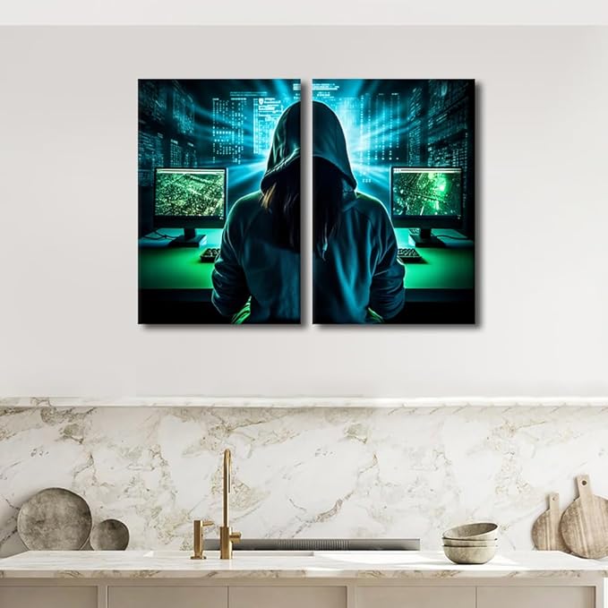 Big Data Wall Decor Hacker Malware Home Decorations for Living Room Wall Art Paitings Pictures Canvas 3 Pieces Modern Artwork Framed Gallery-Wrapped Ready to Hang, 24" Wx16 H