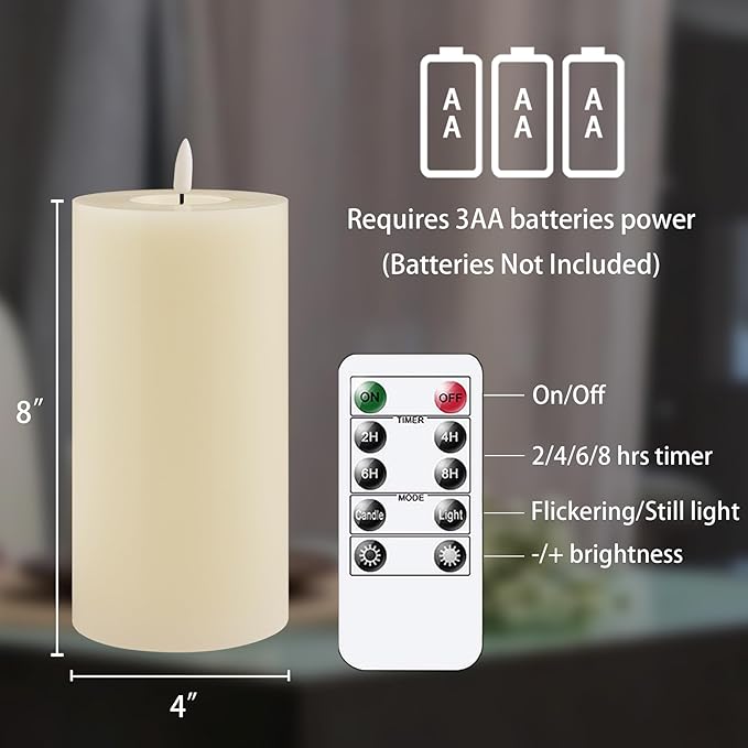 Flameless Flickering 4" x8" Real Wax Ivory Remote Candles with Candle Grease, Pack of 2 Timer LED Battery Operated Fake Warm Light Pillar Candles for Home, Banquet, Ceremony Decoration