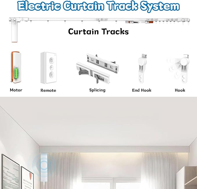 Electric Ceiling Curtains Track Kit with Hooks, Automatic Curtain Smart Curtians System, Multiple Sizes Wall Mount Curtain Track for Living Room Bedroom Room Divider,White,4m/13ft