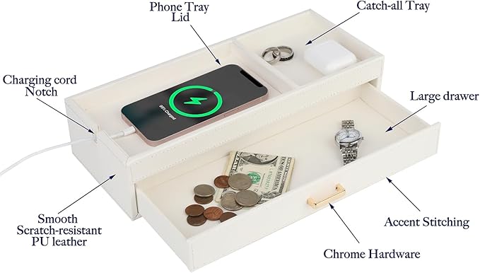 HofferRuffer Valet Jewelry Tray Organizer with Drawer, Faux Leather Storage Catchall Box Phone Charging Station Tray with Dresser Nightstand Desktop Drawer Organizer (White)